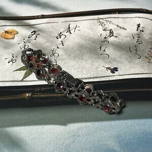 Vintage 925 Sterling Silver Marcasite and Garnet Stone Bracelet Signed